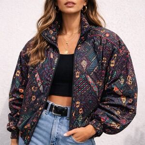 Vintage Lavon Crazy Jacket Womens L 90s Abstract Aztec Windbreaker Padded